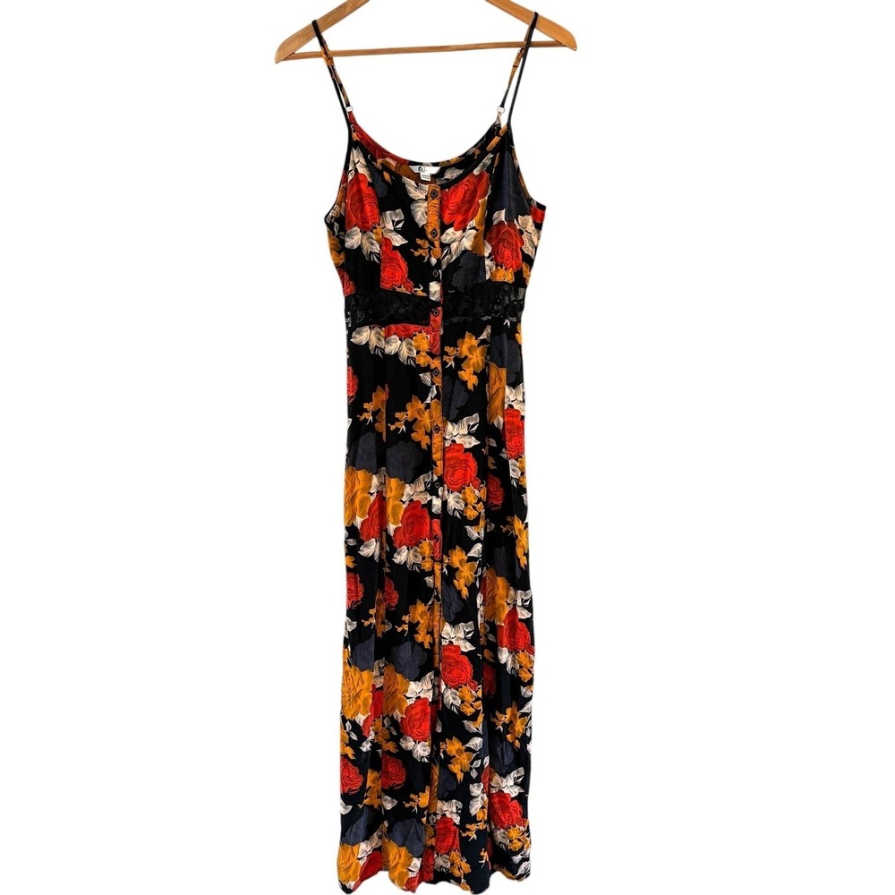 Volcom Take Me Home Maxi Dress Womens M Black Floral Lace Boho Button Front‎